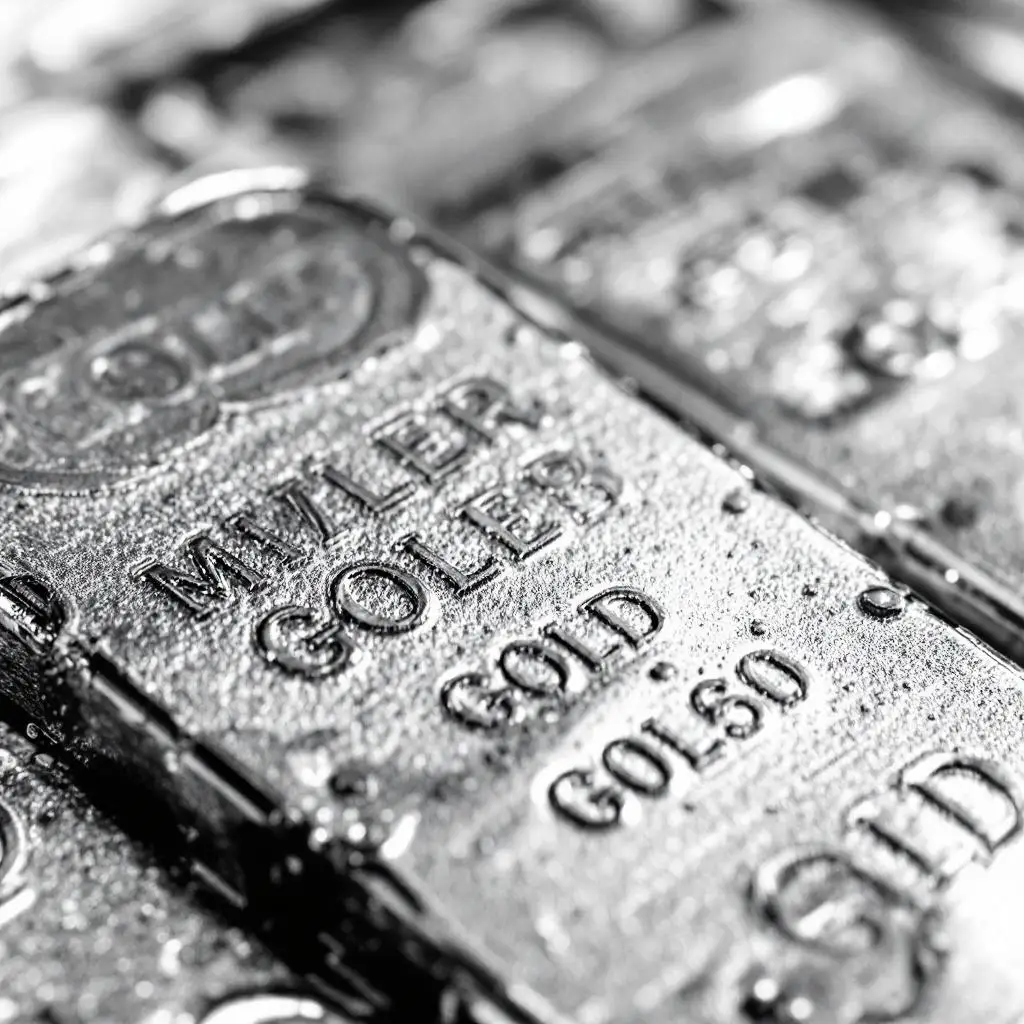 Silver bars stacked with price chart rising in background as gold coins fade, showing market rally and retreat