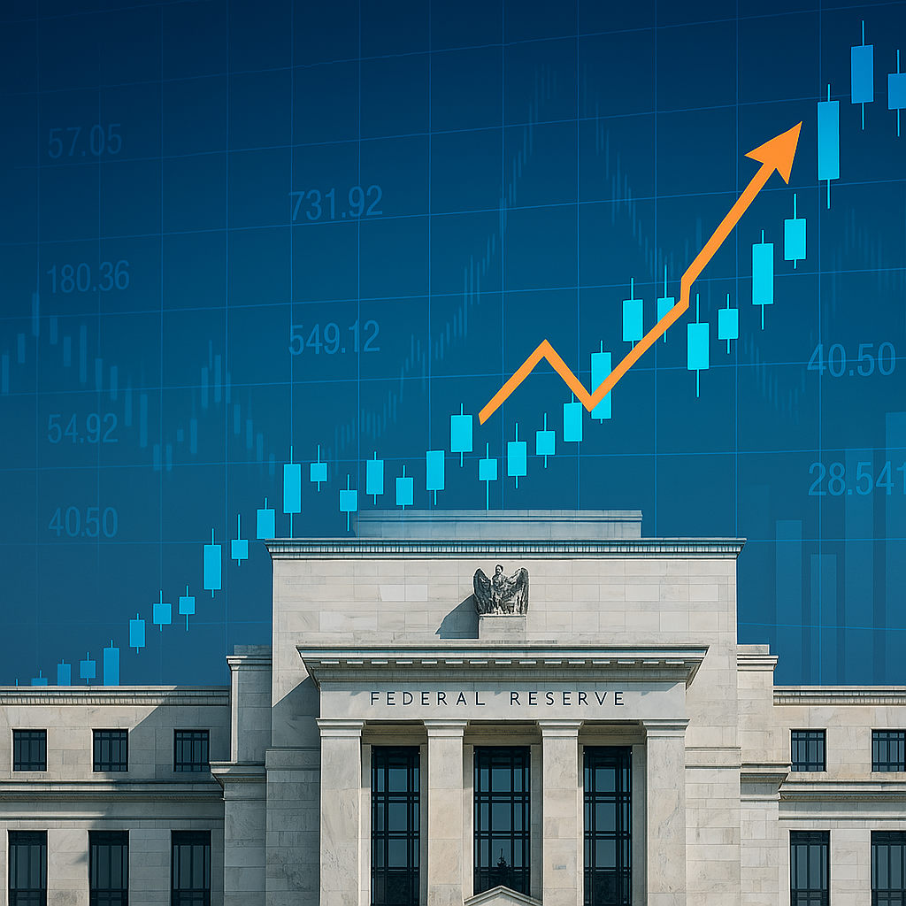 A Federal Reserve building with a digital overlay of stock market data, symbolizing the intersection of monetary policy and market performance.