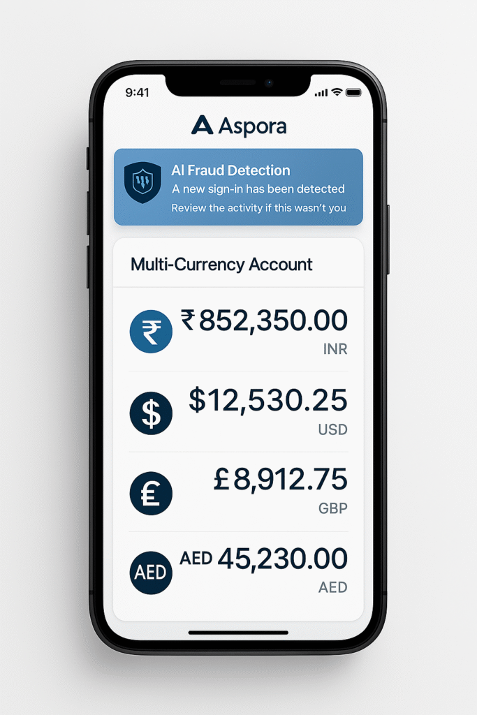 Aspora raises $53 million to enhance its app showing multi-currency accounts and AI fraud detection alerts for global Indian users.