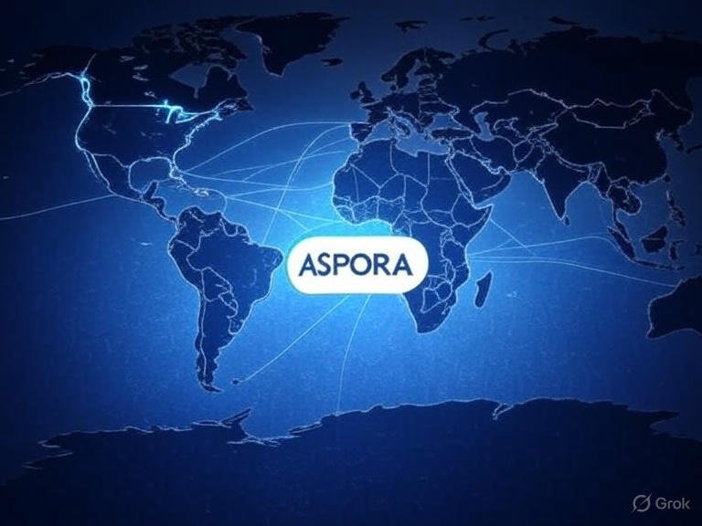Aspora raises $53 million to expand globally, shown in this infographic map with glowing lines connecting India to USA, Canada, Australia, and Singapore with Aspora logo at the center.