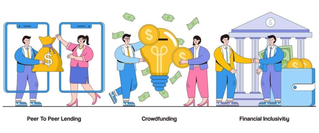 peer-to-peer-lending-crowdfunding-financial-inclusivity-concept-with-character-p2p-finance-abstract-illustration-set-collaborative-lending-crowdsourcing-funding-financial-democratization-vector Colorful vector showing crowdfunding-style P2P lending and financial inclusivity