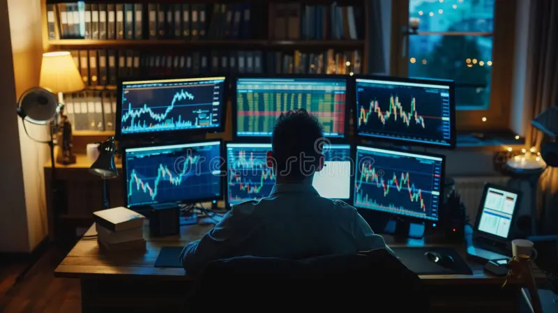 trader-analyzing-stock-charts-night-home-office-man-sits-his-desk-facing-multiple-computer-monitors-displaying-stock-324767545 Budgeting chart with investment strategy for getting rich in 2025