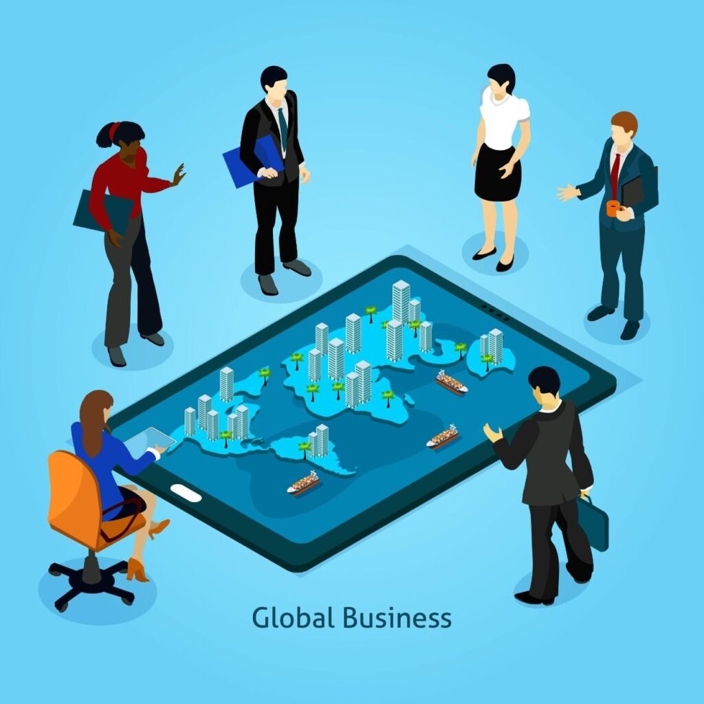 11851-min-min (1) Isometric graphic showing entrepreneurs around a digital table labeled 'Global Business', highlighting international business planning.