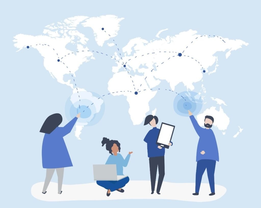 43079-min-min (1) global business registration Illustration of business professionals pointing at a world map, symbolizing global business registration and international expansion.