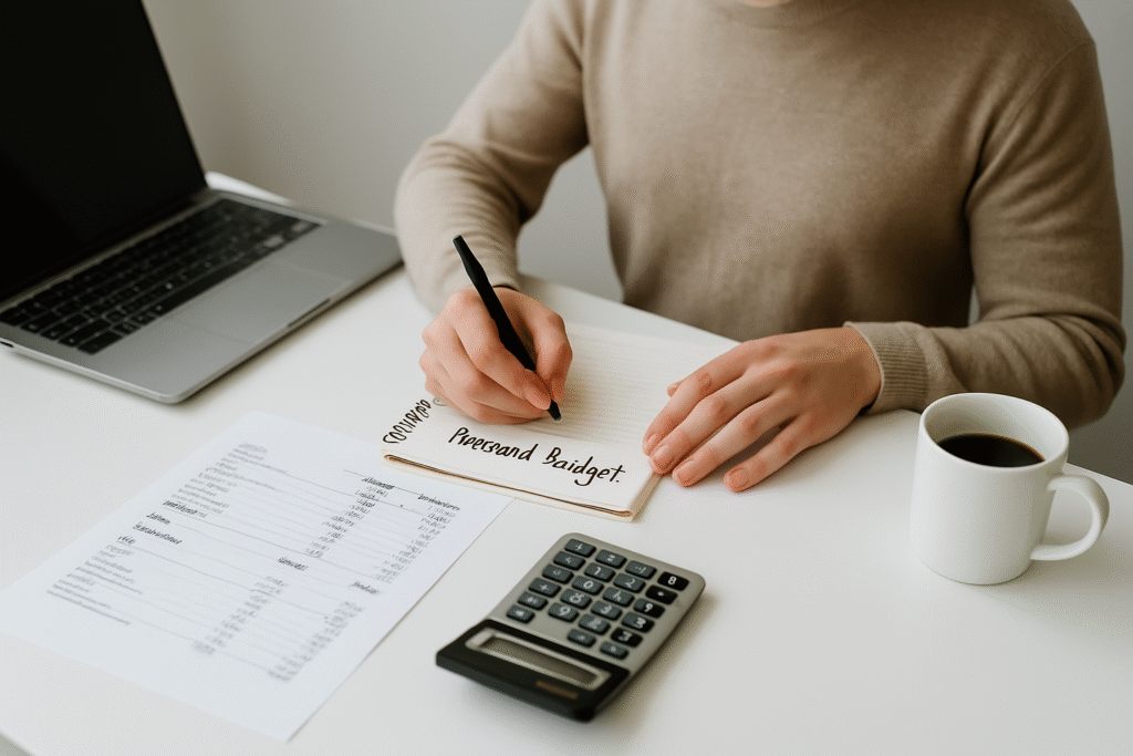 Creating a Personal Budget for Beginners shown through a calm workspace with planner, calculator, and coffee
