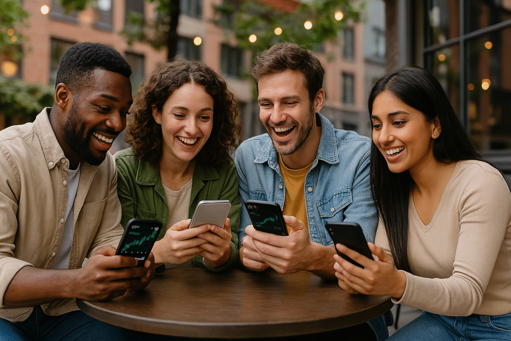 How to invest in stocks for beginners — beginners discussing stock investing tips over coffee using mobile apps.