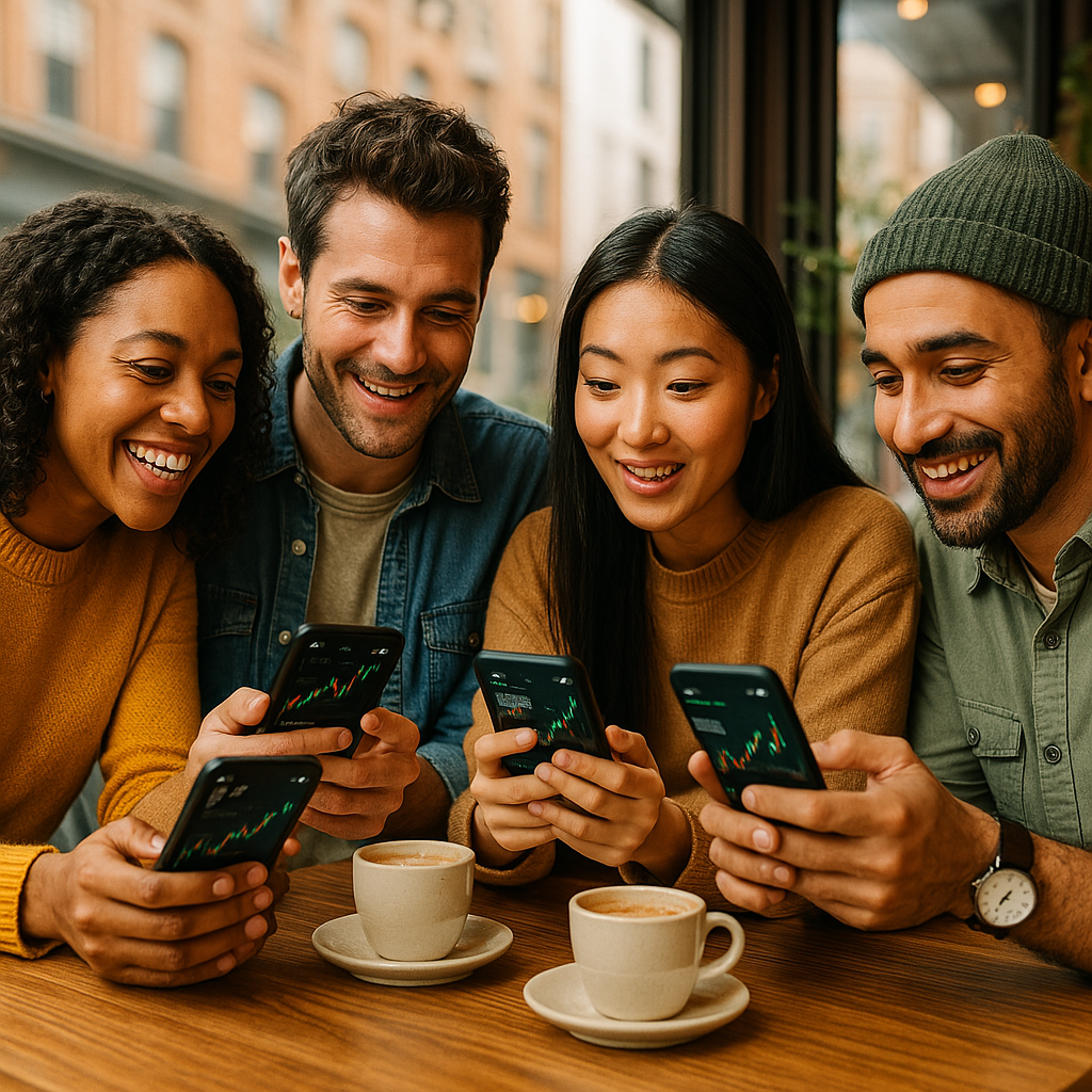 How to invest in stocks for beginners — diverse group of friends learning stock investing together on smartphones at a café.