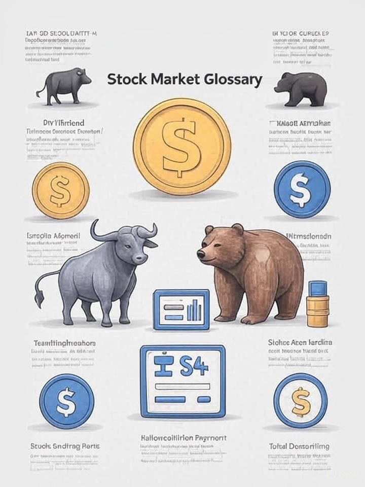 How to invest in stocks for beginners — infographic explaining key stock market terms with bull and bear icons.