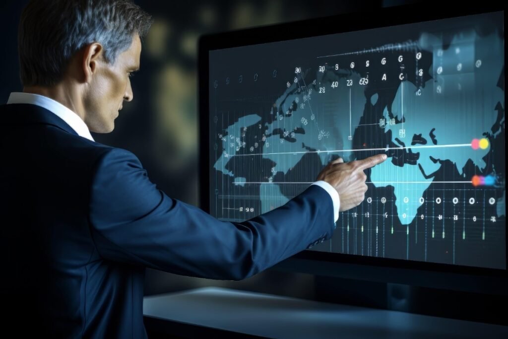 Businessman interacting with futuristic data dashboard, representing smart tools for global business registration and compliance.