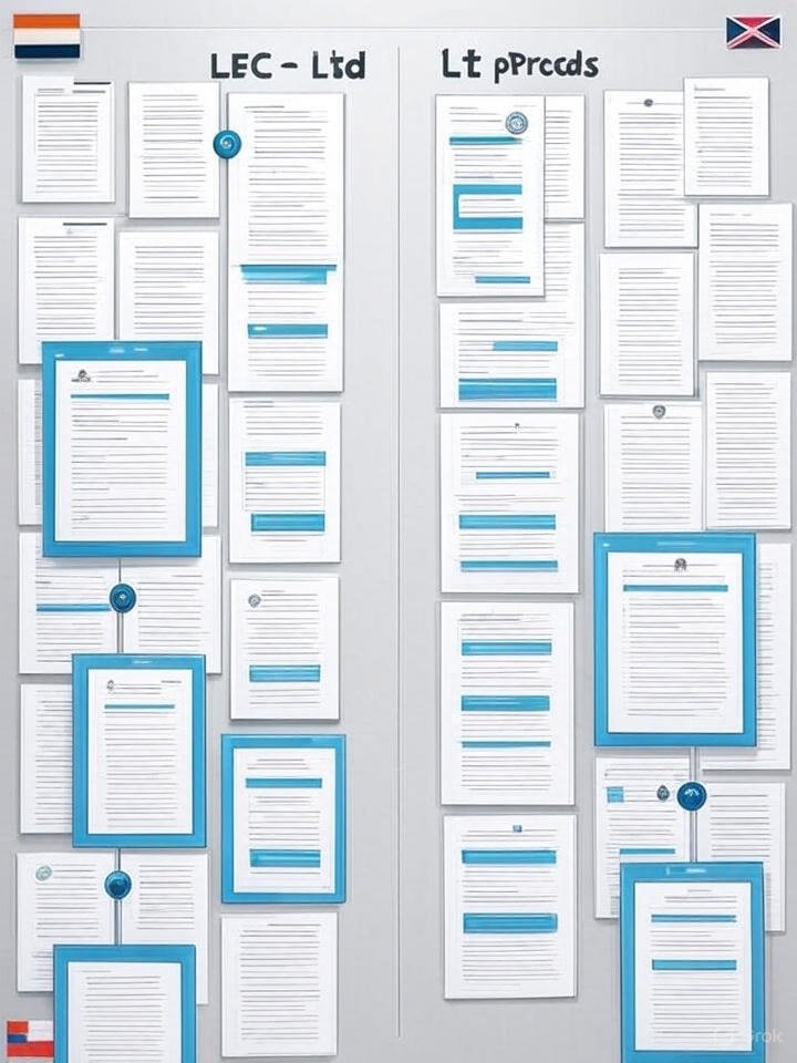 Infographic showing step-by-step formation of LLC and Ltd with legal documents