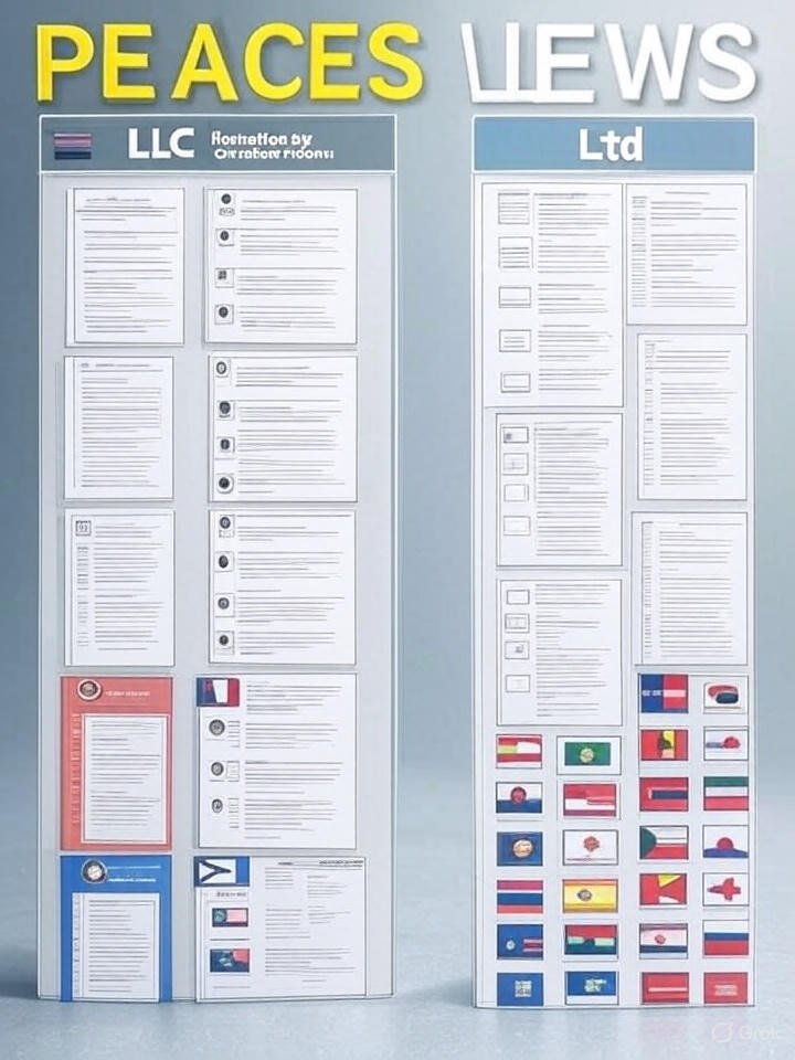 Infographic showing step-by-step formation of LLC and Ltd with legal documents