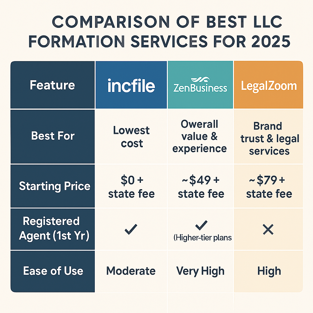 Comparison of best LLC formation services for 2025