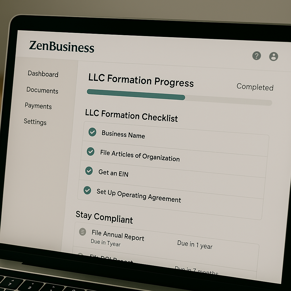 Zen Business dashboard helping users form LLC in 2025