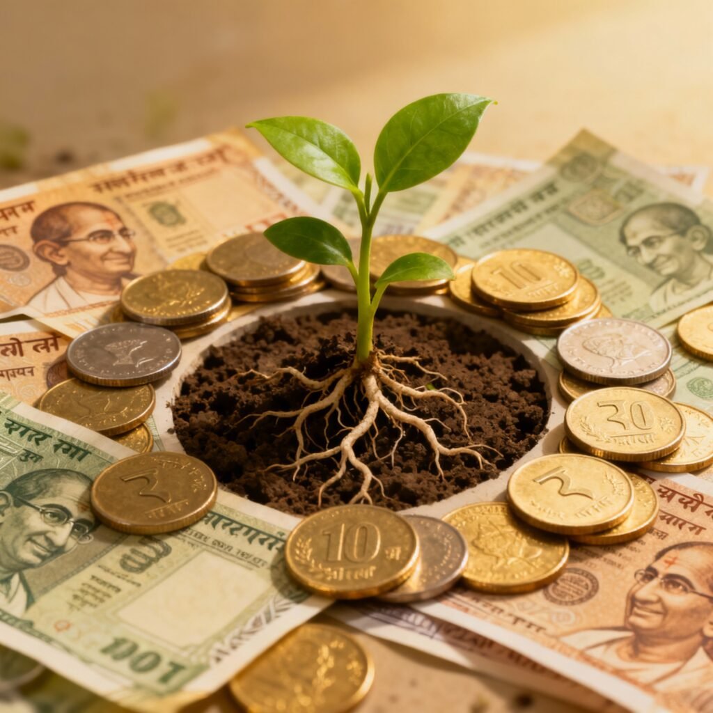 image 2 Indian rupees with growing plant representing wealth building through smart investments in 2025