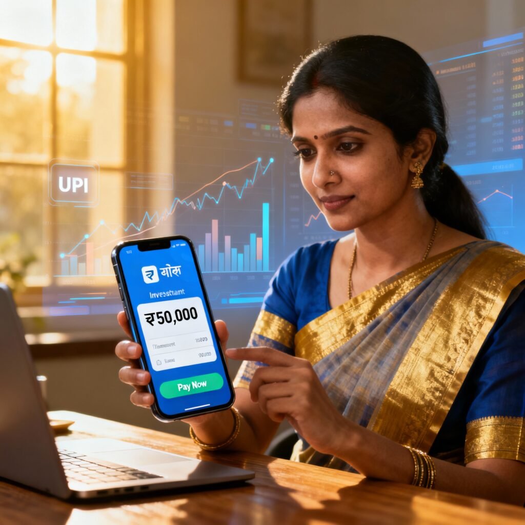 image 4 Indian woman using UPI payment app for investment transactions and digital finance management